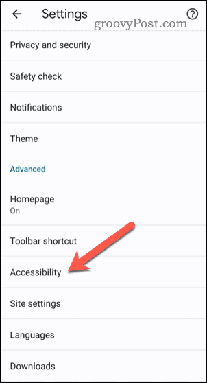 Otwórz ustawienia ułatwień dostępu w Chrome na urządzeniach mobilnych