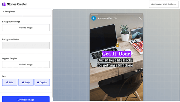 To jest zrzut ekranu interfejsu Stories Creator. Po lewej stronie znajduje się boczny pasek opcji tworzenia obrazów do relacji na Instagramie lub Facebooku. Od góry do dołu dostępne są następujące opcje: szablon, obraz tła, kolor tła, logo lub grafika oraz tekst. Poniżej tych opcji znajduje się niebieski przycisk oznaczony Pobierz. Po prawej stronie znajduje się obszar projektu, w którym pojawia się podgląd wybranego szablonu. Przedstawia zdjęcie z perspektywy osoby stojącej i patrzącej w dół na biurko. Na biurku leży laptop, roślina, mysz, książka i oprawione zdjęcie. Pod biurko wsuwane jest czarne plastikowe krzesło. W lewym górnym rogu podglądu szablonu znajduje się ogólny symbol zastępczy logo. Pośrodku trzy bloki tekstu nakładają się na obraz. W obszarze tytułowym znajduje się emotikona buźki. Pod tytułem znajduje się nagłówek „Pobierz. To. Gotowy." Dmuchnij nagłówek to tekst „10 najlepszych sposobów na załatwienie sprawy”.
