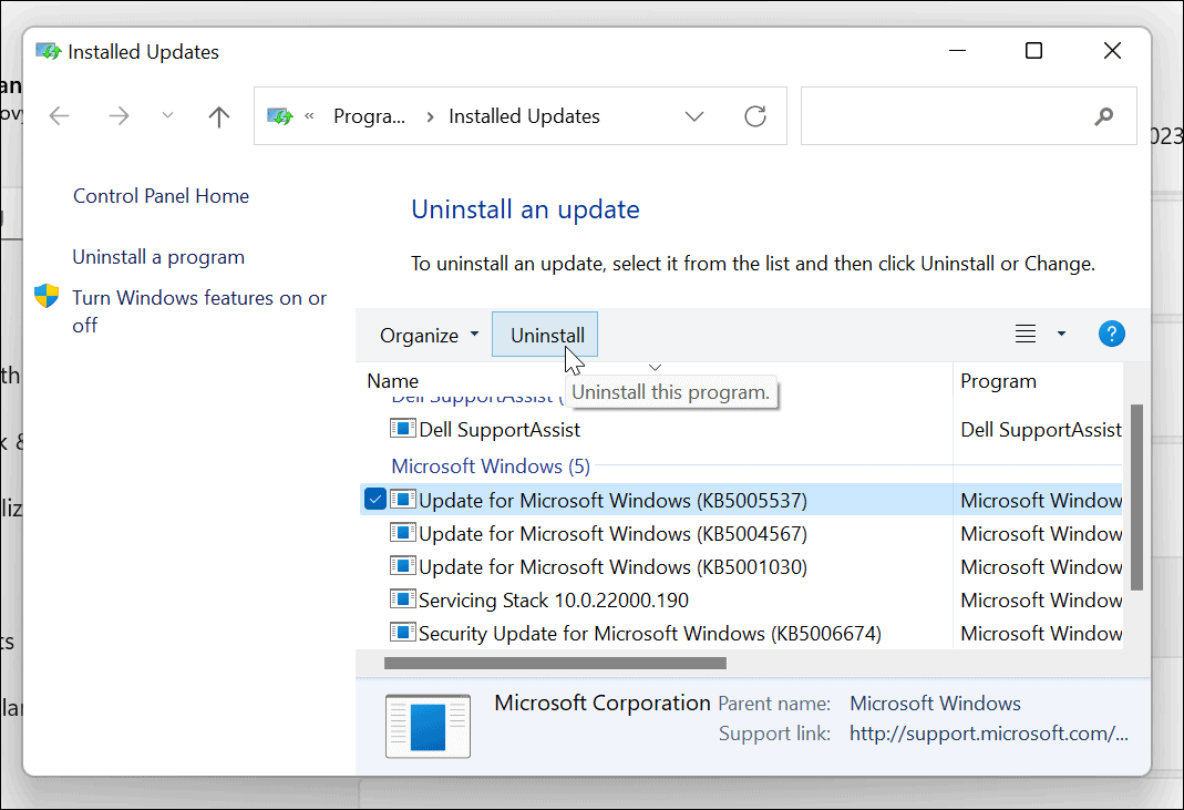 odinstaluj zbiorczą aktualizację Windows 11