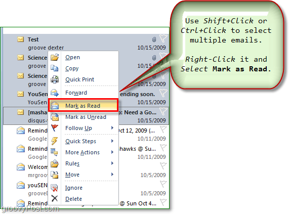 zaznacz wiele e-maili i zaznacz wiele e-maili jako przeczytanych lub nieprzeczytanych w programie Outlook 2010