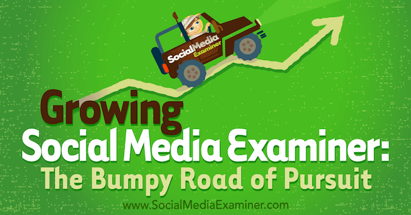 Growing Social Media Examiner: The Bumpy Road of Pursuit, zawierający spostrzeżenia Michaela Stelnera z wywiadem przeprowadzonym przez Marka Masona w podcastu Social Media Marketing.