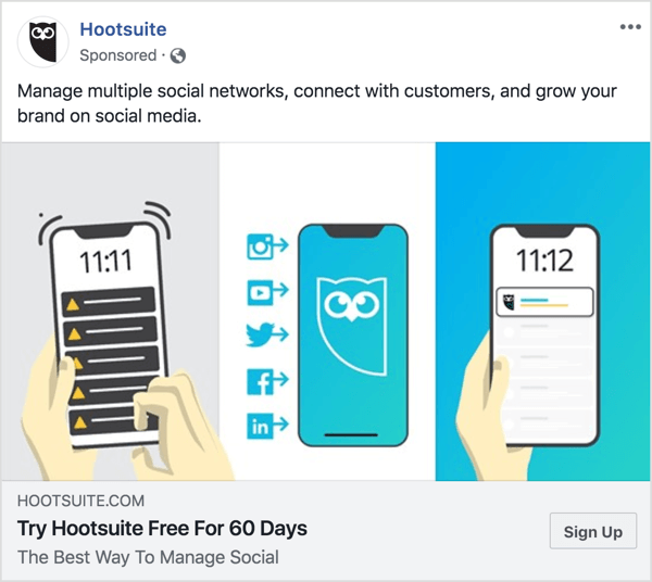 Komunikaty w reklamie Hootsuite na Facebooku są jasne i zwięzłe. 