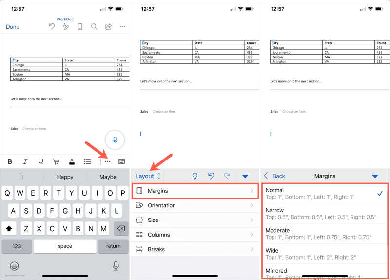 Zmień marginesy w programie Word na urządzeniach mobilnych