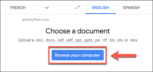 Przycisk Przeglądaj swój komputer w witrynie Tłumacza Google