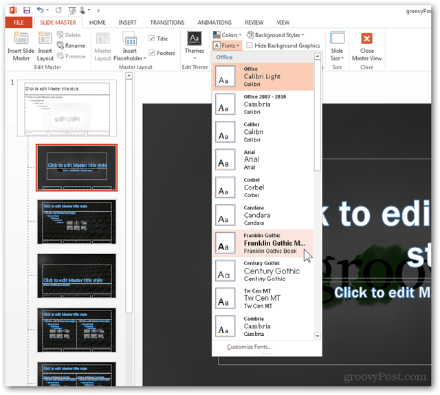Szablon pakietu Office 2013 Utwórz Utwórz projekt niestandardowy POTX Dostosuj slajdy samouczków Jak przesuwać czcionki wzorcowe Zmień Konfiguruj 