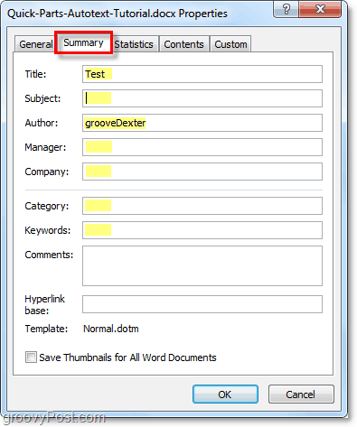 karta podsumowania pozwala edytować zaawansowane właściwości dokumentu w programie Word 2010