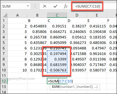 Formuła Excel SUM przy użyciu zakresu komórek