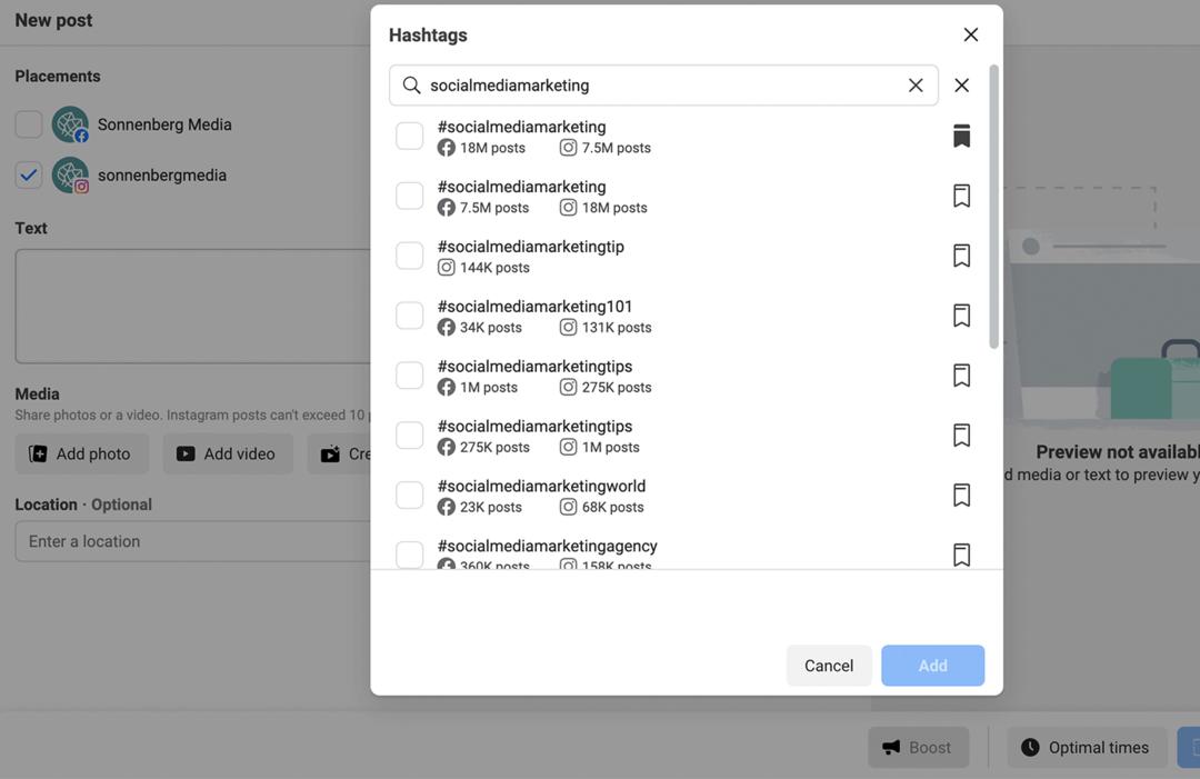 dodaj hashtagi do publikacji w Meta Business Suite Krok 1