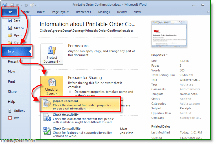 jak uzyskać dostęp do inspektora dokumentów w Microsoft Office 2010