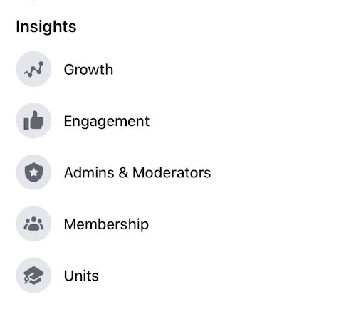 menu statystyk na Facebooku pokazujące różne opcje pomiarów analitycznych