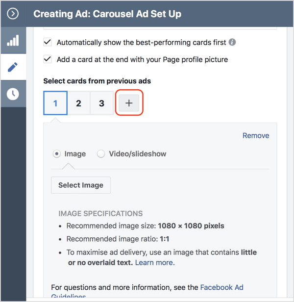 Kliknij ikonę +, aby dodać kartę do reklamy karuzeli na Facebooku.