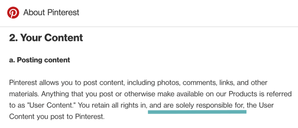 Warunki Pinterest wyraźnie mówią, że jesteś odpowiedzialny za publikowane przez Ciebie treści użytkownika.