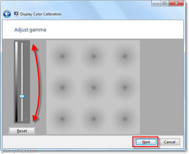 użyj pasków przewijania, aby przesunąć gamma w górę lub w dół, aby dopasować obraz z poprzedniej strony systemu Windows 7