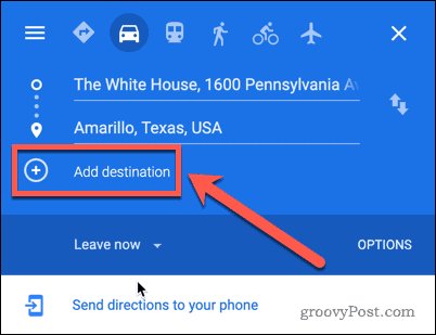 Przycisk Dodaj miejsce docelowe w Mapach Google