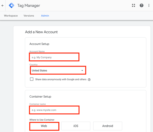 Użyj Menedżera tagów Google z Facebookiem, krok 1, ustawienie, aby dodać nowe konto Menedżera tagów Google