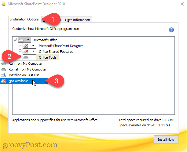 Wybierz Niedostępne dla wszystkich modułów w instalacji Sharepoint Designer 2010
