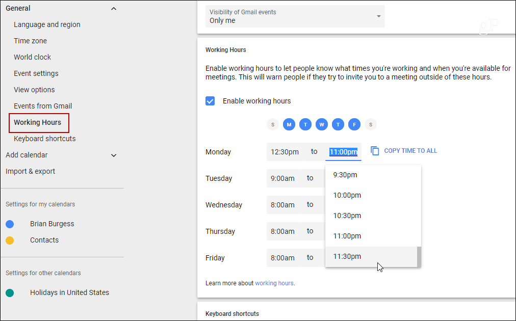 Ustaw godziny pracy dla poszczególnych dni w Kalendarzu Google