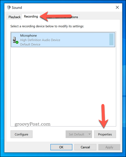 Otwórz właściwości mikrofonu w systemie Windows 10