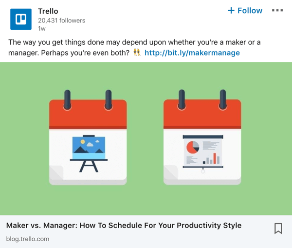 Przykładowy post na stronie firmy Trello LinkedIn.
