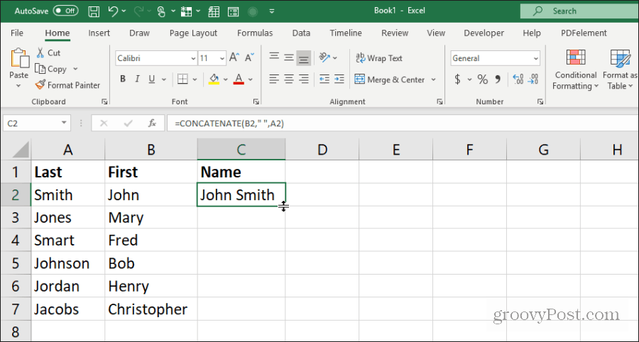 za pomocą konkatenatu dla nazw w programie Excel