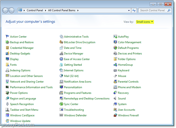 panel sterowania Windows 7 automatycznie w widoku małych ikon
