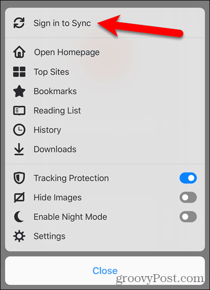 Stuknij Zaloguj się, aby zsynchronizować w Firefoksie na iOS