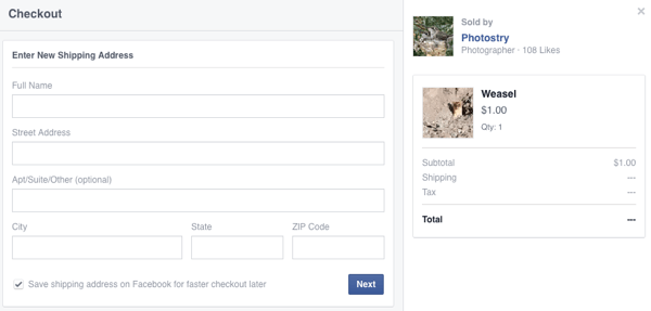 klient wprowadza szczegóły wysyłki dla pierwszego zakupu na Facebooku
