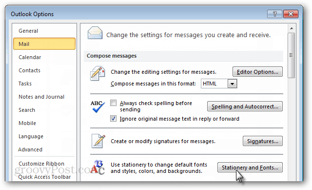 opcje poczty Outlook 2010