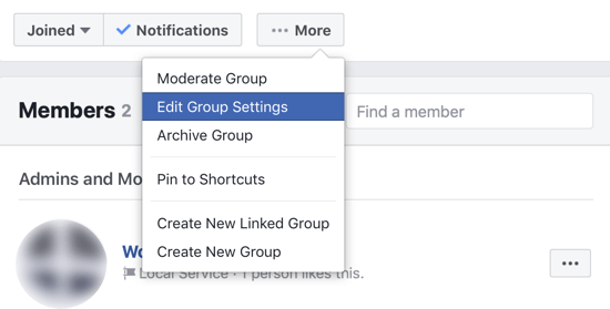 Jak ulepszyć społeczność grupy na Facebooku, opcja menu do edycji ustawień grupy na Facebooku