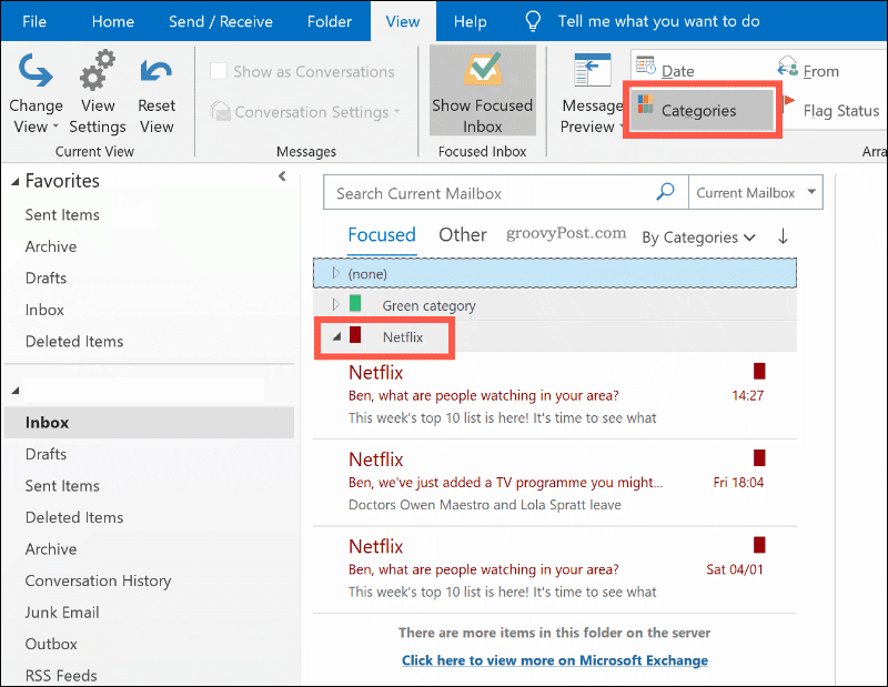 Wiadomości e-mail posortowane według kategorii kolorów w programie Outlook