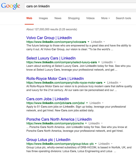 Wyniki strony firmy linkedin w wynikach wyszukiwania google dla samochodów w serwisie linkedin