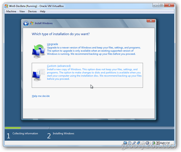 VirtualBox Windows 8 wybierz instalację niestandardową