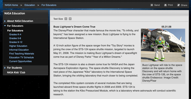 Artykuł NASA o zabawce Buzz Lightyear w kosmosie