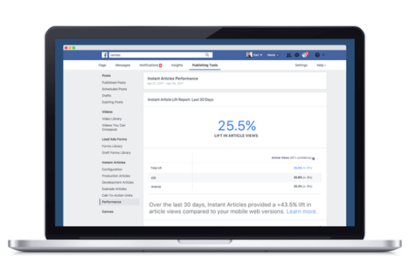 Facebook wprowadził nowe narzędzie analityczne, które porównuje skuteczność treści publikowanych za pośrednictwem platformy Facebook Instant Articles w porównaniu z innymi odpowiednikami w internecie mobilnym.