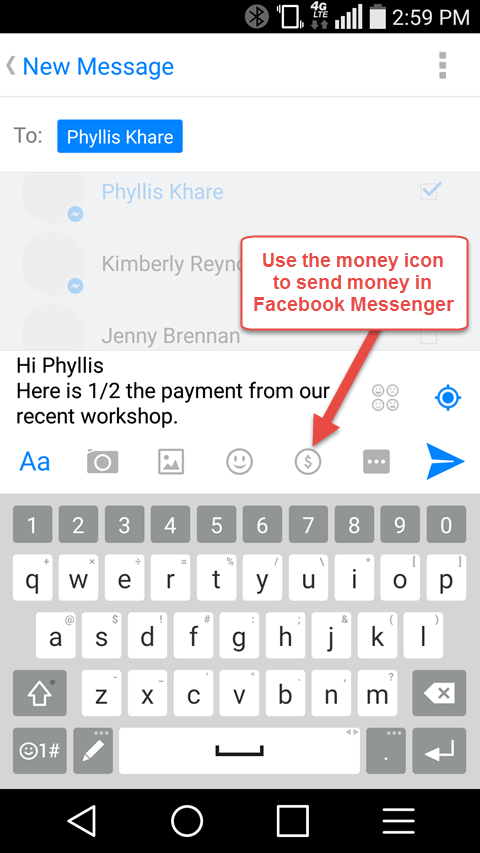 opcja wysyłania pieniędzy w komunikatorze facebook