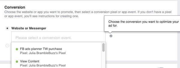 Podczas konfigurowania kampanii reklamowej konwersji w witrynie wybierz piksel, który będzie używany do śledzenia konwersji.