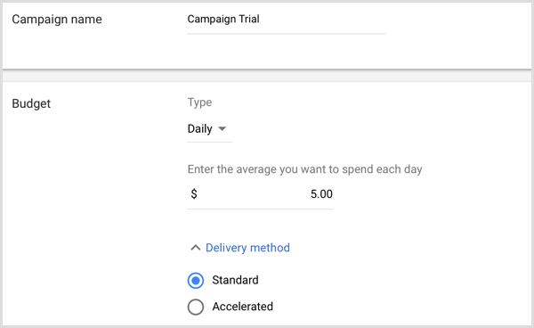 Dodaj nazwę kampanii i budżet w Google AdWords.