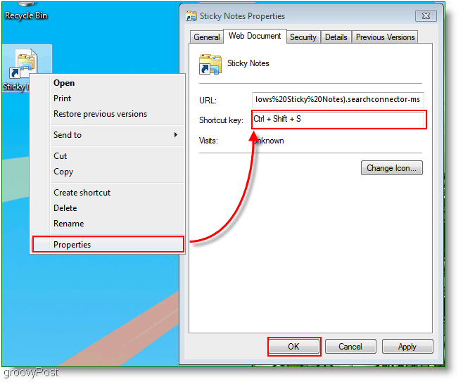Windows 7 Utwórz nowe menu przypisania klawiszy skrótu: zrzut ekranu