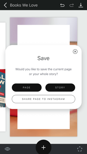 Utwórz krok 11 historii Unfold Instagram pokazujący opcje zapisywania historii.