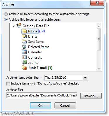 ręczne ustawienia archiwum w Outlooku 2010