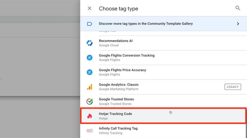 nowy tag Google Tag Manager z opcjami menu Wybierz typ tagu z podświetlonym kodem śledzenia Hotjar