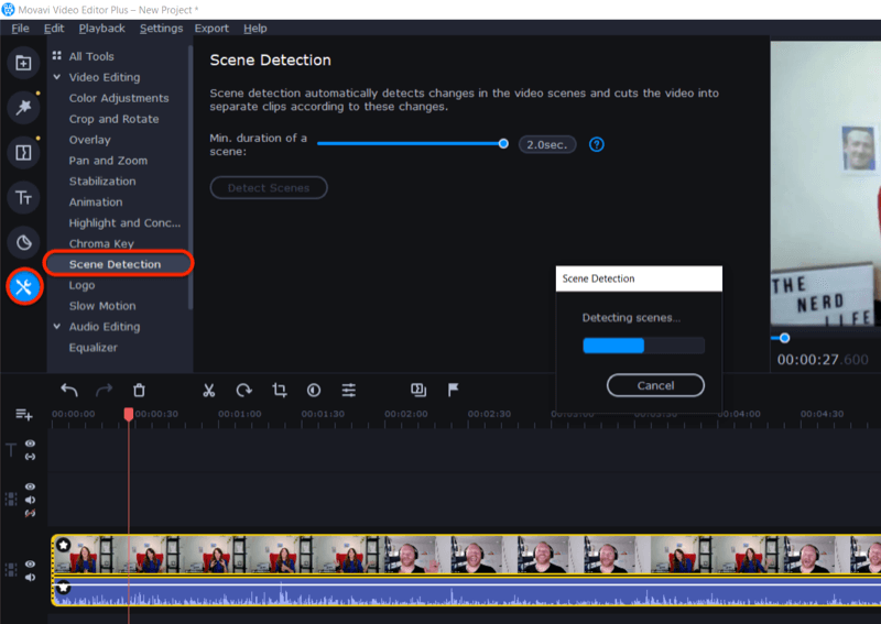 dostęp do funkcji wykrywania scen w Movavi Video Editor Plus