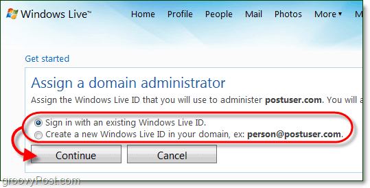 utwórz konto administratora domeny Windows Live lub użyj bieżącego konta Live