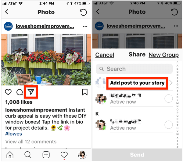 Aby dodać publiczny post do swojej historii na Instagramie, otwórz wpis, dotknij ikony samolotu pod obrazem, a następnie wybierz Dodaj post do swojej historii z wyskakującego menu.