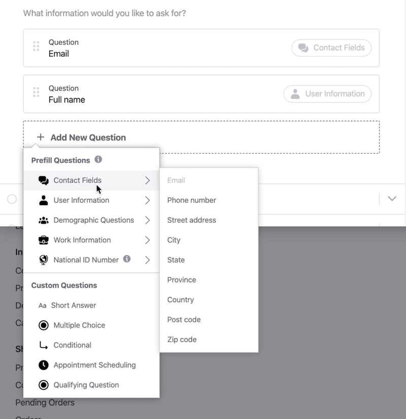 Pytania wstępne i opcje pytań niestandardowych do konfiguracji formularzy kontaktowych na Facebooku