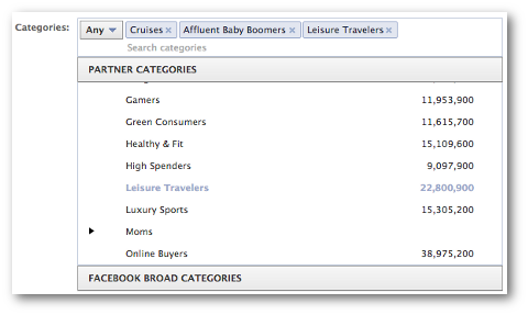 wybierz kategorie partnerów Facebooka