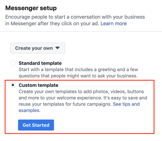 Reklamy Facebook Click to Messenger, krok 3.