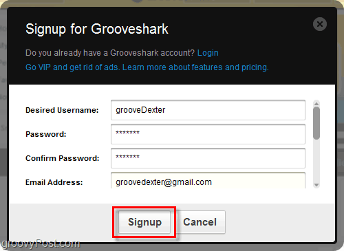 Proces rejestracji Grooveshark