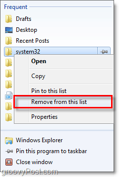 kliknij prawym przyciskiem myszy pozycję listy przeskoków, a następnie kliknij usuń z listy