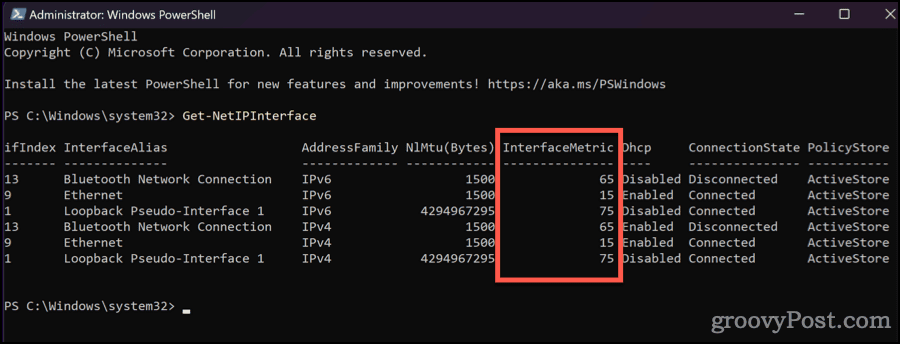 Dane wyjściowe Get-NetIPInterface